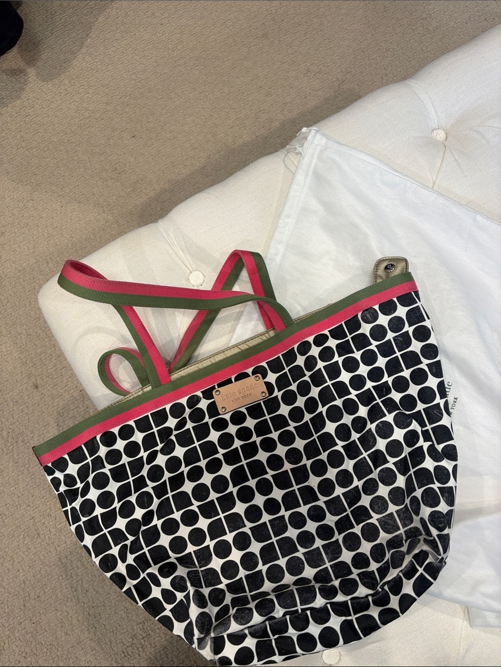 kate spade Black and White Geometric Tote with Pink and Green Trim